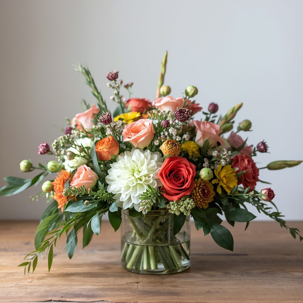 Bouquet of blush roses and orchids styled on a plinth